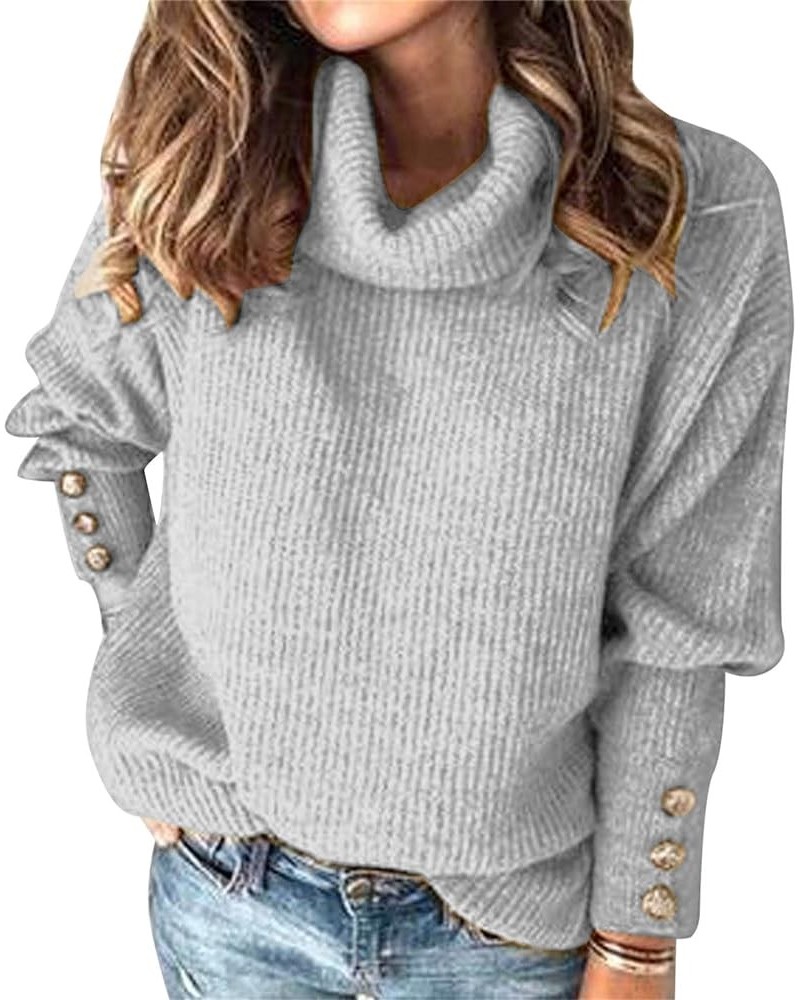 Women's 2023 Fall Winter Long Sleeve Cable Knit Sweater Turtleneck Striped Loose Pullover Tops Deco with Metal Buttons A4-gre...