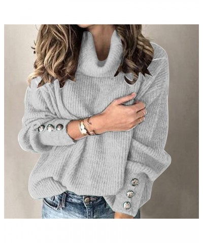 Women's 2023 Fall Winter Long Sleeve Cable Knit Sweater Turtleneck Striped Loose Pullover Tops Deco with Metal Buttons A4-gre...