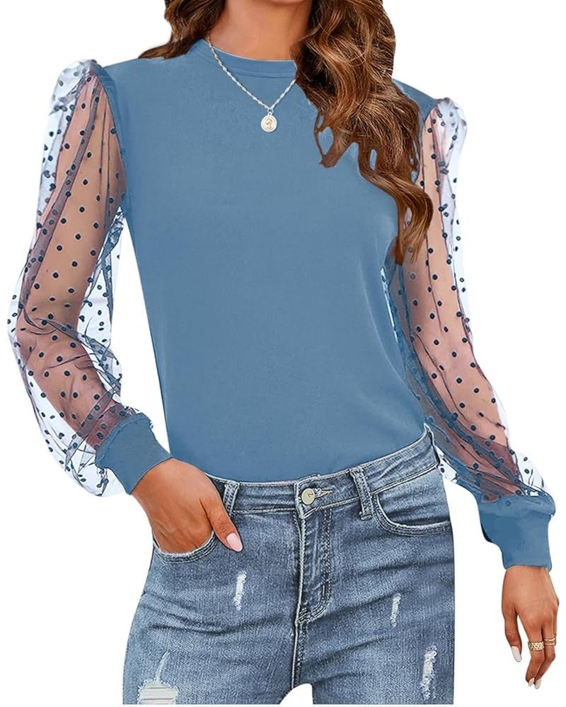 Womens Tunic Tops Puff Sleeve Crew Neck Long Sleeve Shirts Curved Hem 12-blue $11.79 Tops