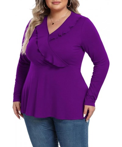 Women Plus Size Shirt Long Sleeve Ruffle Tops Pleated Casual V Neck Tunic Top Purple $14.49 Tops