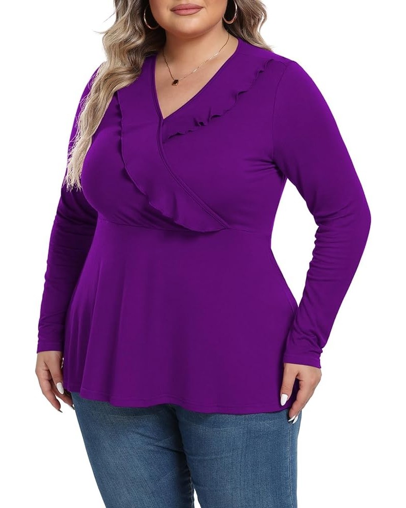 Women Plus Size Shirt Long Sleeve Ruffle Tops Pleated Casual V Neck Tunic Top Purple $14.49 Tops