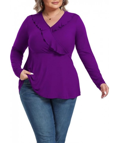 Women Plus Size Shirt Long Sleeve Ruffle Tops Pleated Casual V Neck Tunic Top Purple $14.49 Tops