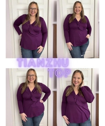 Women Plus Size Shirt Long Sleeve Ruffle Tops Pleated Casual V Neck Tunic Top Purple $14.49 Tops