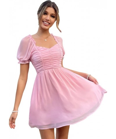 Women's Puff Sleeve Sweetheart Ruched A Line Swing Short Dress Light Pink $18.45 Dresses