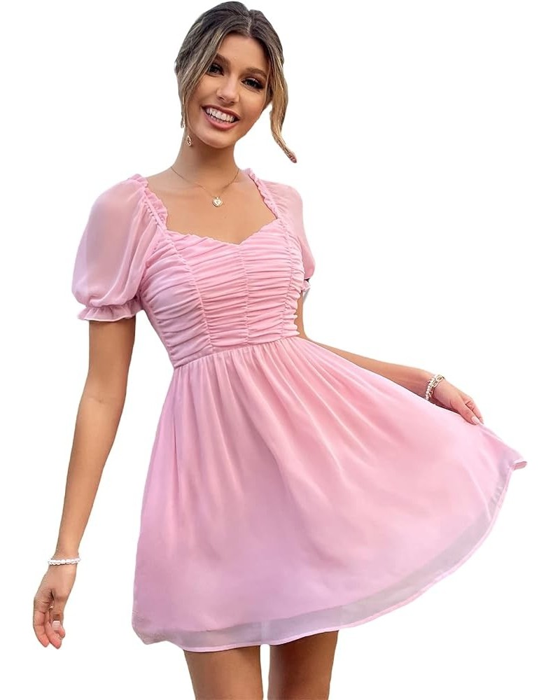 Women's Puff Sleeve Sweetheart Ruched A Line Swing Short Dress Light Pink $18.45 Dresses