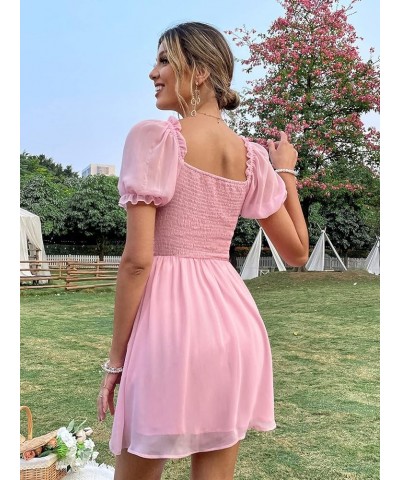 Women's Puff Sleeve Sweetheart Ruched A Line Swing Short Dress Light Pink $18.45 Dresses