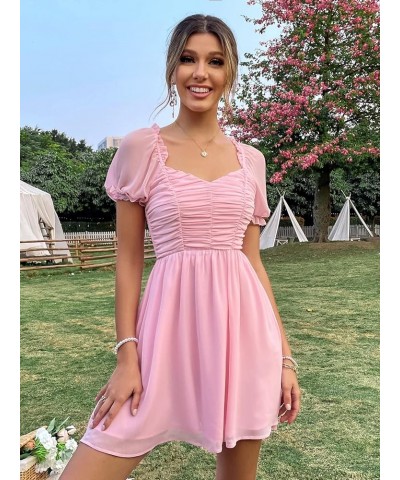 Women's Puff Sleeve Sweetheart Ruched A Line Swing Short Dress Light Pink $18.45 Dresses