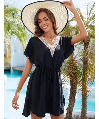 Womens Swimsuit Coverups Lace V Neck Sexy Bathing Suit Cover Ups Dress with Pockets Short Sleeve Swimwear Cover Up Black $14....