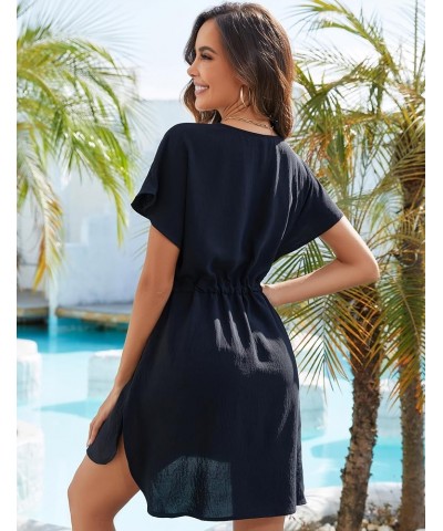 Womens Swimsuit Coverups Lace V Neck Sexy Bathing Suit Cover Ups Dress with Pockets Short Sleeve Swimwear Cover Up Black $14....