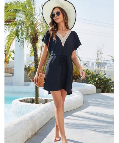 Womens Swimsuit Coverups Lace V Neck Sexy Bathing Suit Cover Ups Dress with Pockets Short Sleeve Swimwear Cover Up Black $14....