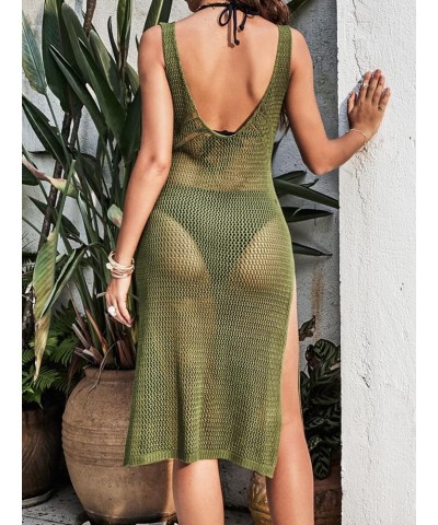 Women Crochet Swimsuit Cover Up Sleeveless Hollow Out Long Swim Coverup 2024 Split Mesh Beach Dress Green $19.75 Swimsuits