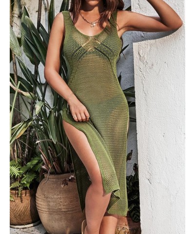 Women Crochet Swimsuit Cover Up Sleeveless Hollow Out Long Swim Coverup 2024 Split Mesh Beach Dress Green $19.75 Swimsuits