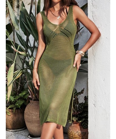 Women Crochet Swimsuit Cover Up Sleeveless Hollow Out Long Swim Coverup 2024 Split Mesh Beach Dress Green $19.75 Swimsuits