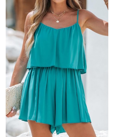 Women's Scoop Neck Shirring Teal Adjustable Cami Short Romper Elastic Waist Summer Casual Overalls Mini Jumpsuit Teal $15.21 ...