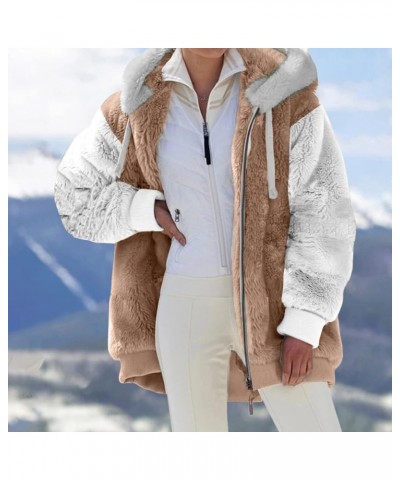 Womens Sherpa Coat 2023 Winter Fuzzy Fleece Jacket Hooded Color Block Patchwork Cardigan Coats Outerwear with Pockets 08-khak...