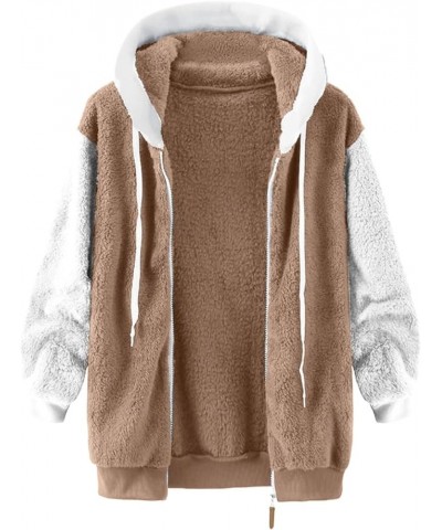 Womens Sherpa Coat 2023 Winter Fuzzy Fleece Jacket Hooded Color Block Patchwork Cardigan Coats Outerwear with Pockets 08-khak...