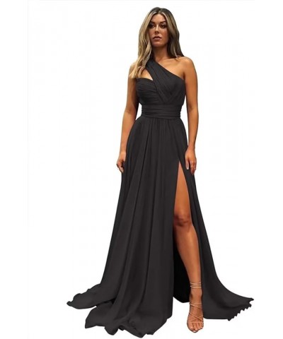 One Shoulder Bridesmaid Dresses for Women 2024 Long Pleated Chiffon Formal Evening Dresses with Slit Black $22.55 Dresses