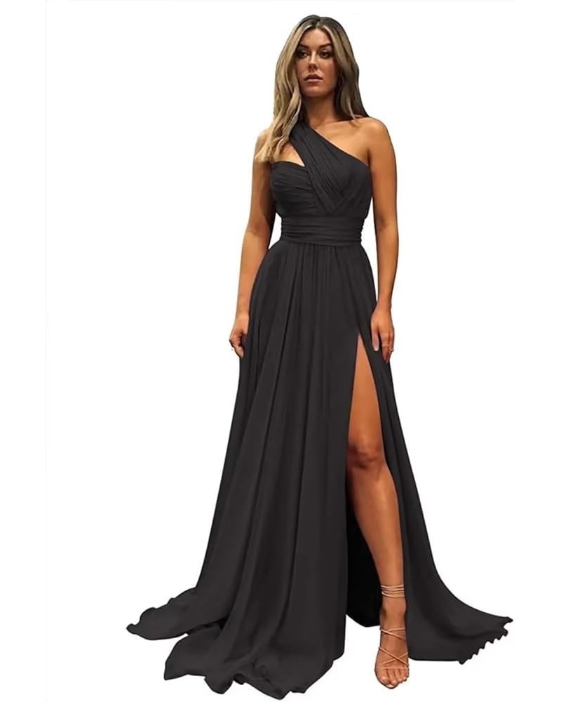 One Shoulder Bridesmaid Dresses for Women 2024 Long Pleated Chiffon Formal Evening Dresses with Slit Black $22.55 Dresses