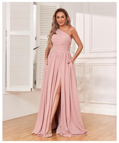 One Shoulder Bridesmaid Dresses for Women 2024 Long Pleated Chiffon Formal Evening Dresses with Slit Black $22.55 Dresses