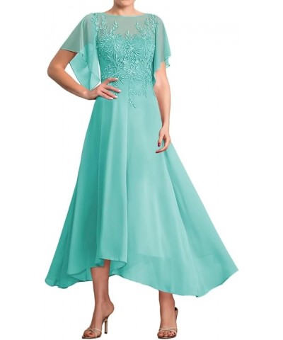 Tea Length Mother of The Bride Dresses for Wedding Lace Appliques Wedding Dresses for Bride with Flutter Sleeve Turquoise $19...