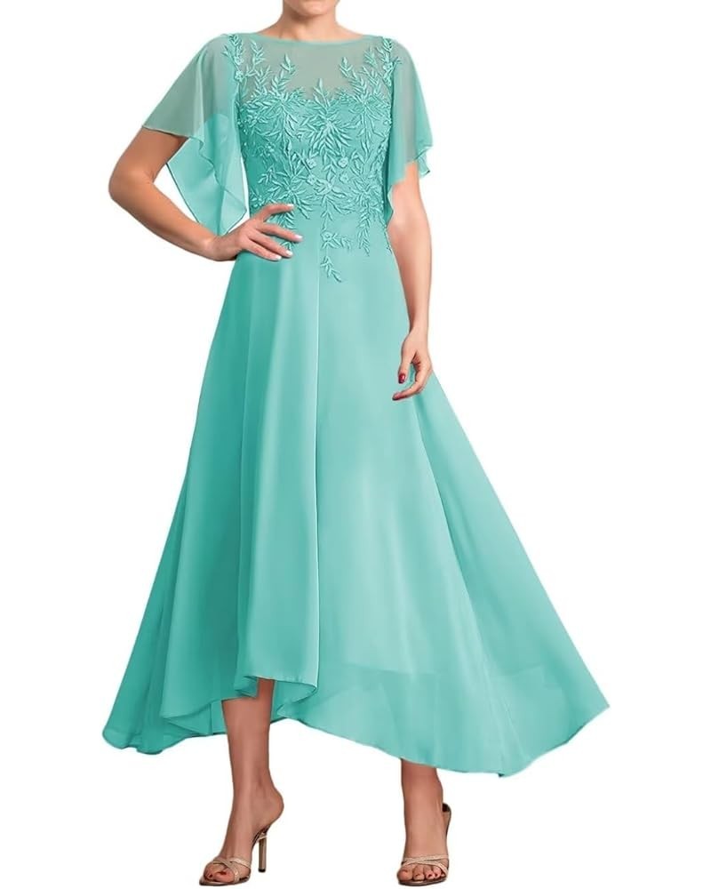 Tea Length Mother of The Bride Dresses for Wedding Lace Appliques Wedding Dresses for Bride with Flutter Sleeve Turquoise $19...