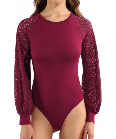 Crew Neck Lace Puff Long Sleeve Bodysuit Hollow Out Sexy Tops Burgundy $14.84 Bodysuits