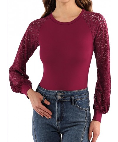 Crew Neck Lace Puff Long Sleeve Bodysuit Hollow Out Sexy Tops Burgundy $14.84 Bodysuits