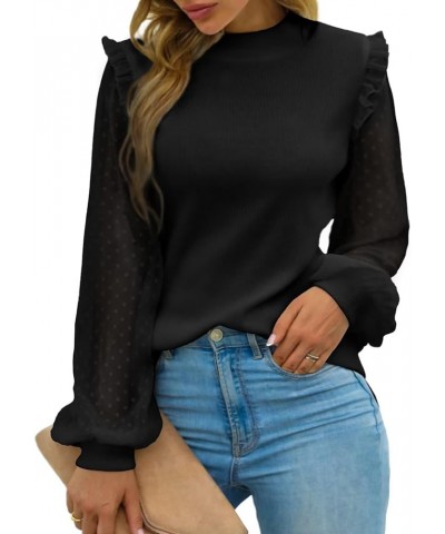 Womens Mock Neck Dressy Sweater Sheer Long Sleeve Ruffle Pullover Shirt Business Casual Knit Fall Tops Black $16.42 Sweaters