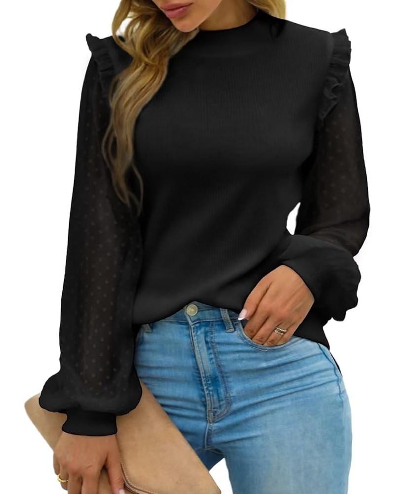 Womens Mock Neck Dressy Sweater Sheer Long Sleeve Ruffle Pullover Shirt Business Casual Knit Fall Tops Black $16.42 Sweaters