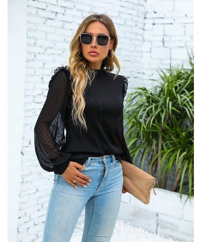 Womens Mock Neck Dressy Sweater Sheer Long Sleeve Ruffle Pullover Shirt Business Casual Knit Fall Tops Black $16.42 Sweaters