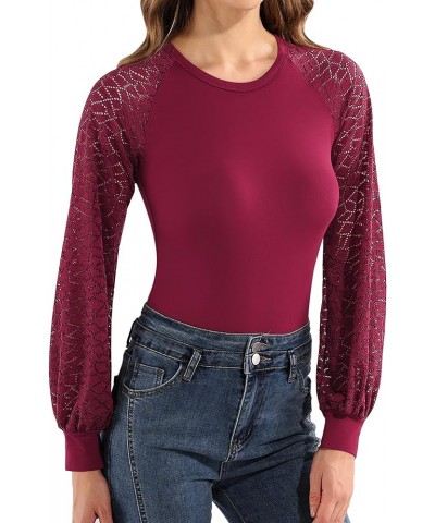 Crew Neck Lace Puff Long Sleeve Bodysuit Hollow Out Sexy Tops Burgundy $14.84 Bodysuits