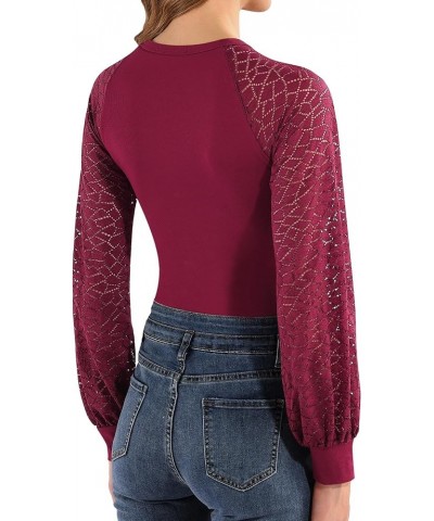 Crew Neck Lace Puff Long Sleeve Bodysuit Hollow Out Sexy Tops Burgundy $14.84 Bodysuits