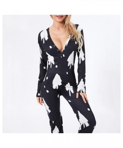 Women Butt Flap Pajamas Jumpsuit Sexy Deep V Neck Long Sleeve Bodycon Romper Overall Sleepwear X-black $13.19 Jumpsuits