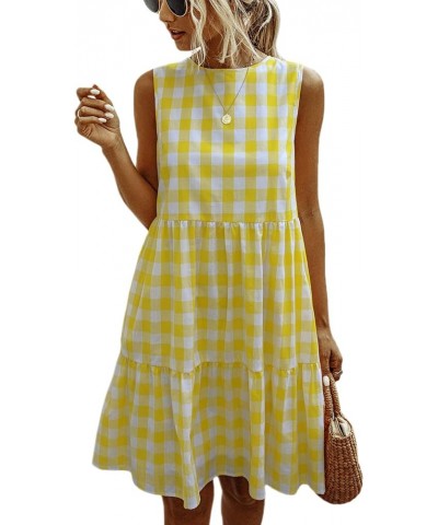 Women Dresses Plaid Sleeveless Summer Casual Sundress A Line Loose Swing T Shirt Mini Dress with Pockets Yellow-2 $18.04 Dresses