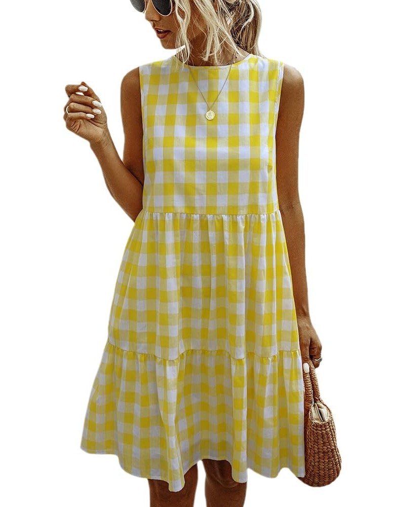 Women Dresses Plaid Sleeveless Summer Casual Sundress A Line Loose Swing T Shirt Mini Dress with Pockets Yellow-2 $18.04 Dresses