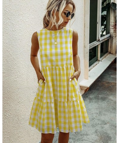 Women Dresses Plaid Sleeveless Summer Casual Sundress A Line Loose Swing T Shirt Mini Dress with Pockets Yellow-2 $18.04 Dresses