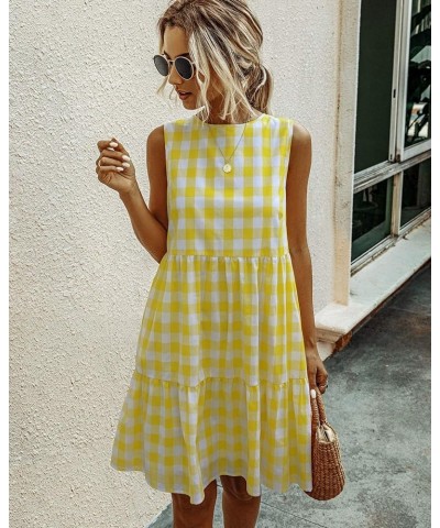 Women Dresses Plaid Sleeveless Summer Casual Sundress A Line Loose Swing T Shirt Mini Dress with Pockets Yellow-2 $18.04 Dresses