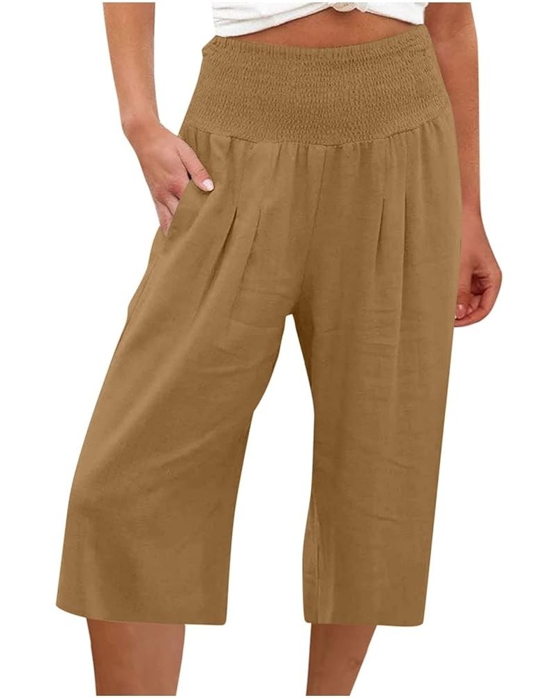 2023 Summer Capris for Women Casual High Waist Loose Linen Pants Wide Leg Solid Straight Lounge Comfy Beach Pants 9 Yellow $8...