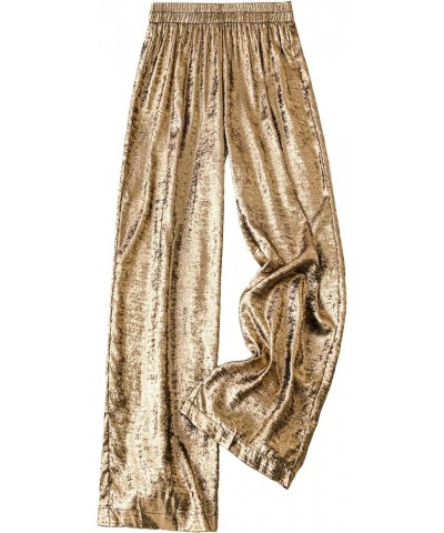 Women's Plus Size Metallic Elastic High Waist Straight Leg Casual Long Pants Trousers Gold $22.03 Pants