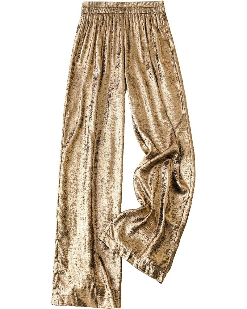 Women's Plus Size Metallic Elastic High Waist Straight Leg Casual Long Pants Trousers Gold $22.03 Pants