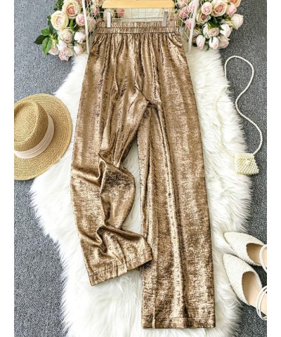 Women's Plus Size Metallic Elastic High Waist Straight Leg Casual Long Pants Trousers Gold $22.03 Pants