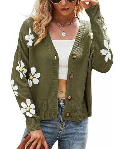 Womens Ribbed Knit Cardigans Slouchy Cute Smile Graphic Pretty Daisy Button-up Jacquard Knitted Sweater Coat 02 Army Green $1...