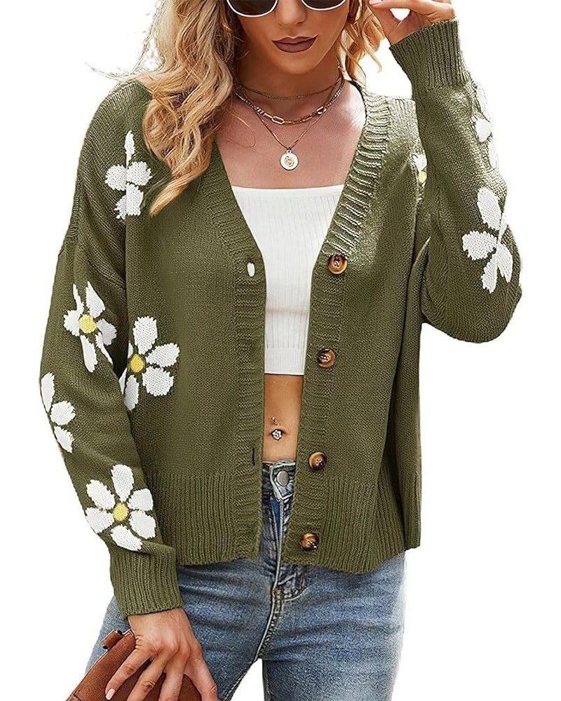 Womens Ribbed Knit Cardigans Slouchy Cute Smile Graphic Pretty Daisy Button-up Jacquard Knitted Sweater Coat 02 Army Green $1...