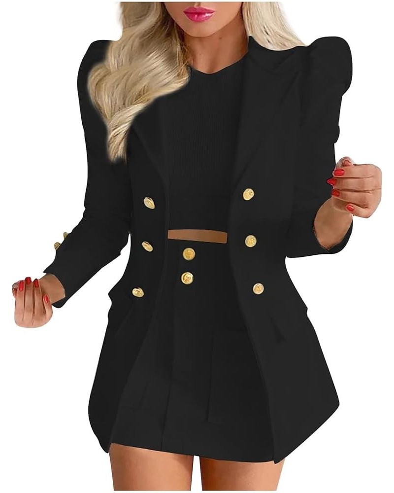 Women's Casual Business Suits Formal Blazer Jackets Puff Sleeve Coat with Mini Skirts Two Piece Outfits Black $10.66 Blazers