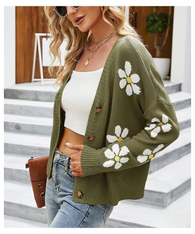 Womens Ribbed Knit Cardigans Slouchy Cute Smile Graphic Pretty Daisy Button-up Jacquard Knitted Sweater Coat 02 Army Green $1...