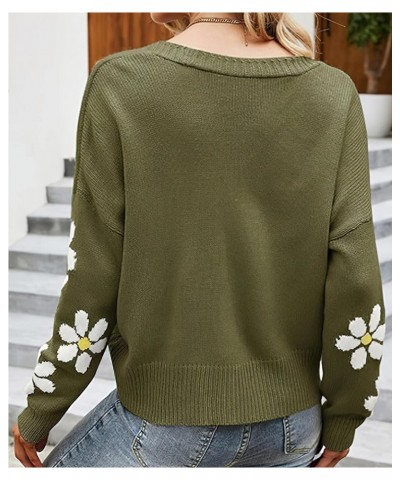 Womens Ribbed Knit Cardigans Slouchy Cute Smile Graphic Pretty Daisy Button-up Jacquard Knitted Sweater Coat 02 Army Green $1...