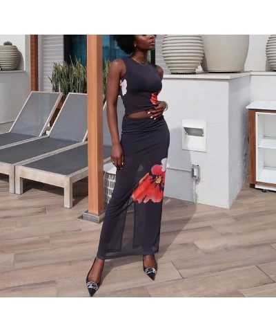 Women 2 Piece Long Skirt Sets Sleeveless Crop Camis Bodycon Maxi Midi Skirts Y2k Two Piece Outfit Beach Wear A14-navy Blue $1...