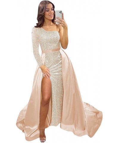 Women's Sequin Long Prom Dresses with Slit Long Sleeves Mermaid Satin Formal Evening Ball Gown with Detachable Train DE36 A-c...