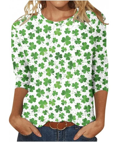 St Patricks Day Shirts for Women 3/4 Length Sleeve Funny Shamrock Print Crewneck T-Shirt Soft Comfy Thin Blouses M-white $5.8...