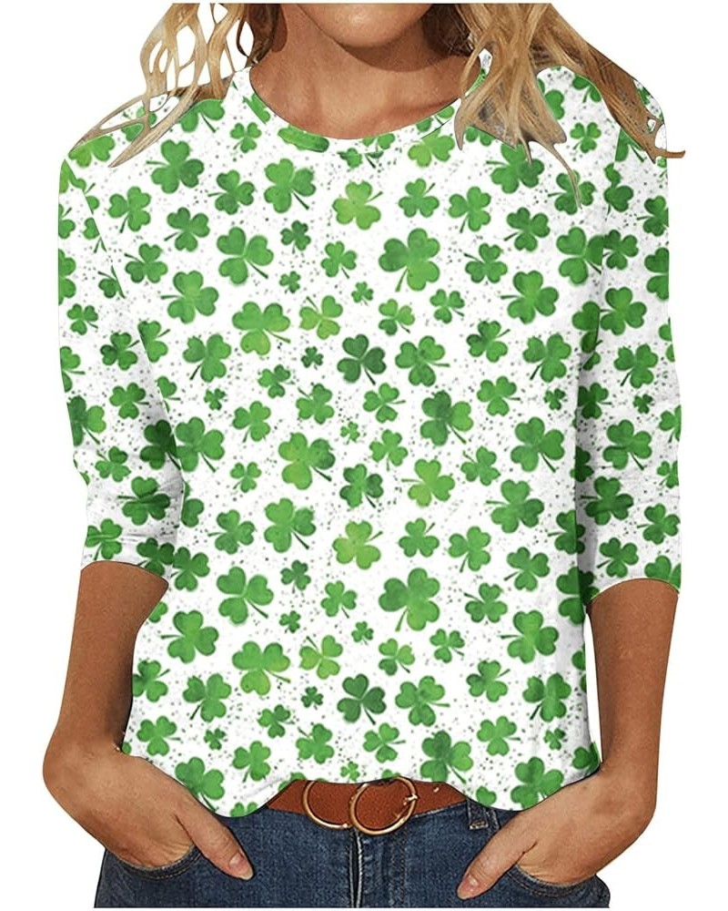 St Patricks Day Shirts for Women 3/4 Length Sleeve Funny Shamrock Print Crewneck T-Shirt Soft Comfy Thin Blouses M-white $5.8...